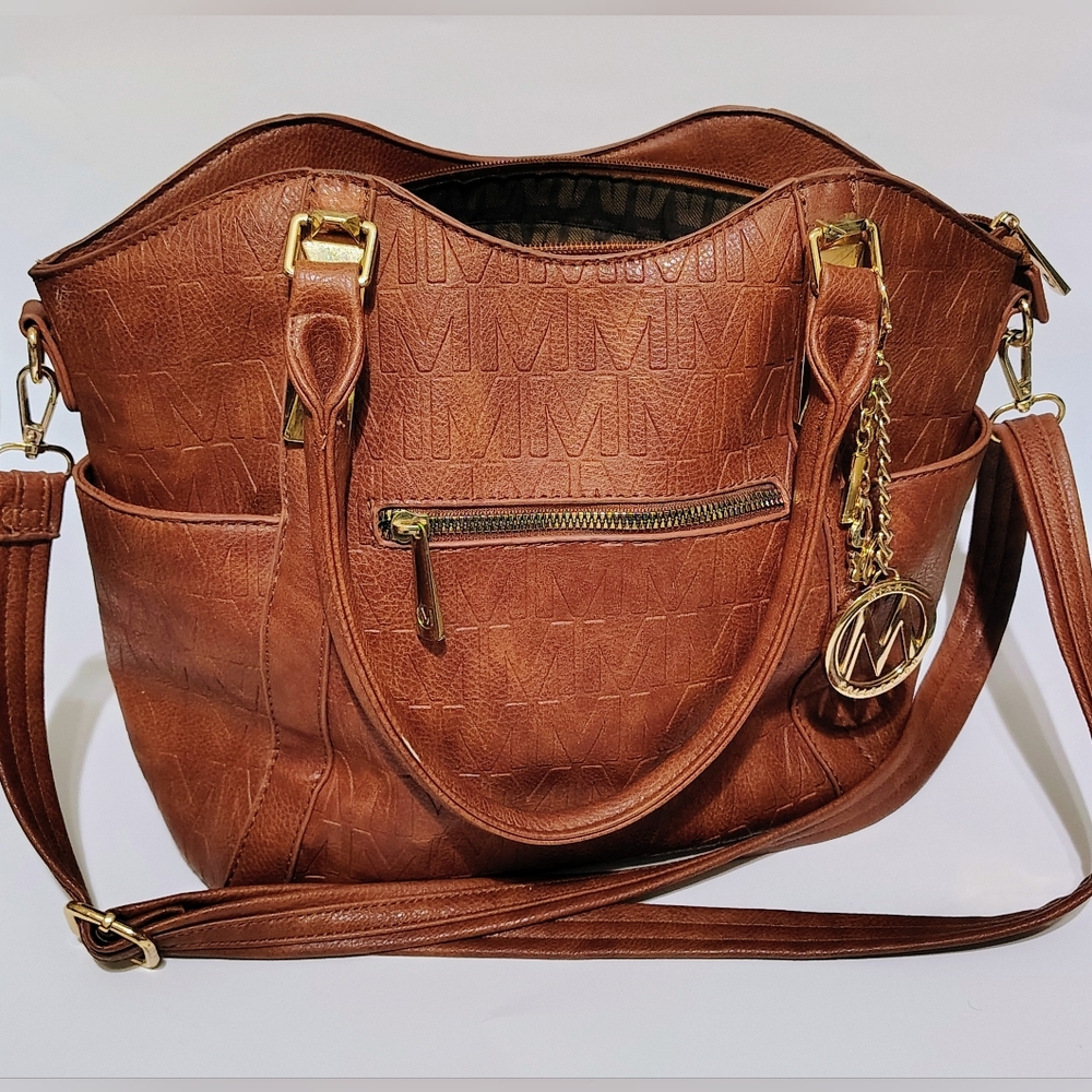 Brown Mia K. Vegan Leather Tote with Gold Accents